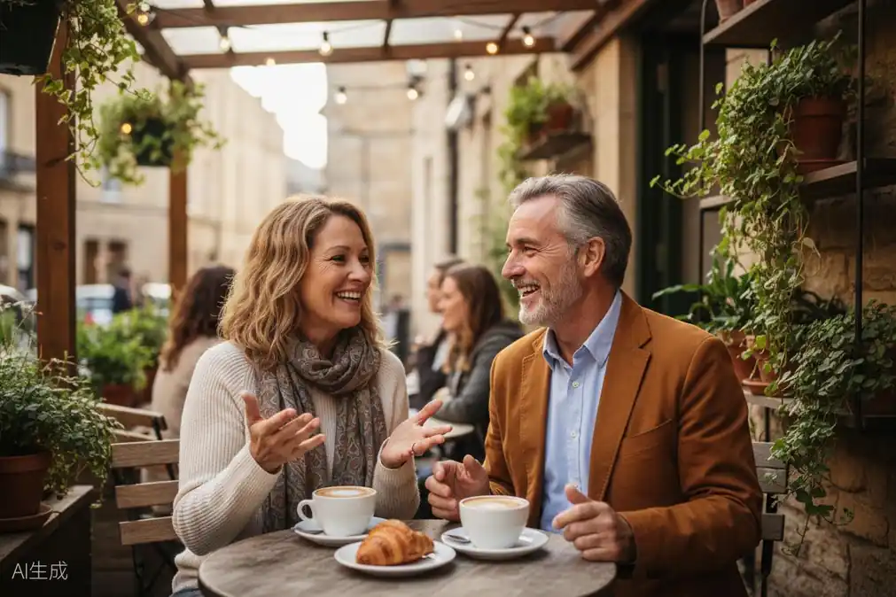 Mature couple enjoying conversation at an outdoor cafe on a first date