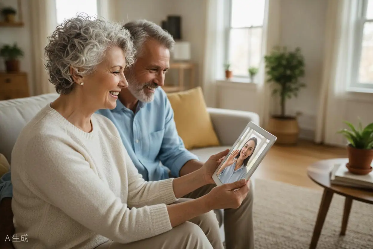 Mature couple having a video call on a tablet in a bright living room