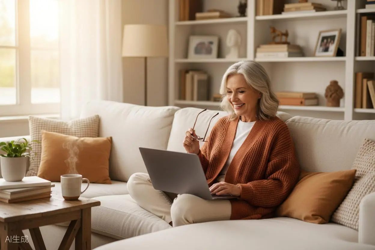 Mature woman smiling while using a laptop at home