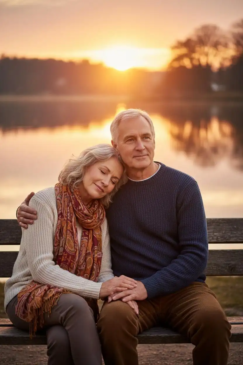 Mature couple sitting together on a park bench watching a beautiful golden sunset over a lake