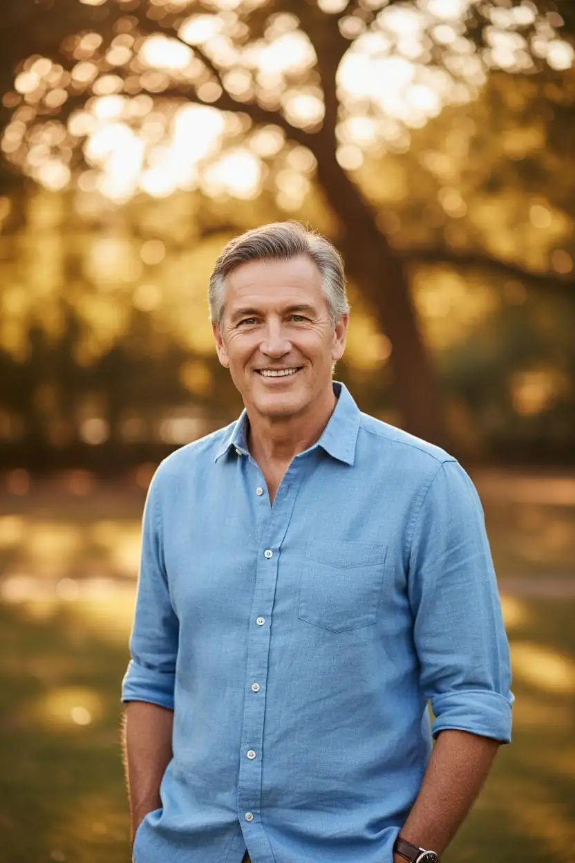 Distinguished mature man with salt-and-pepper hair smiling warmly in a garden setting
