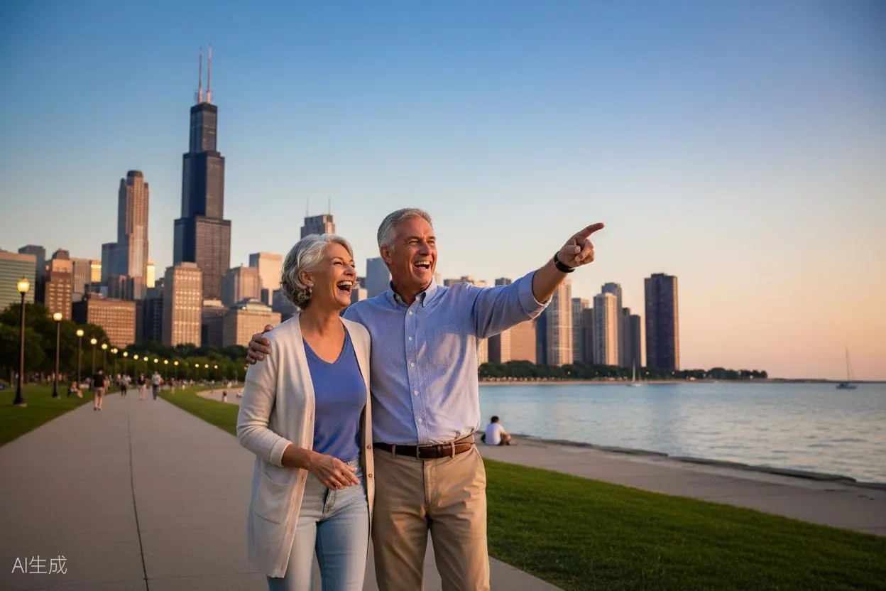 Mature couple walking along Chicago's beautiful lakefront with the city skyline