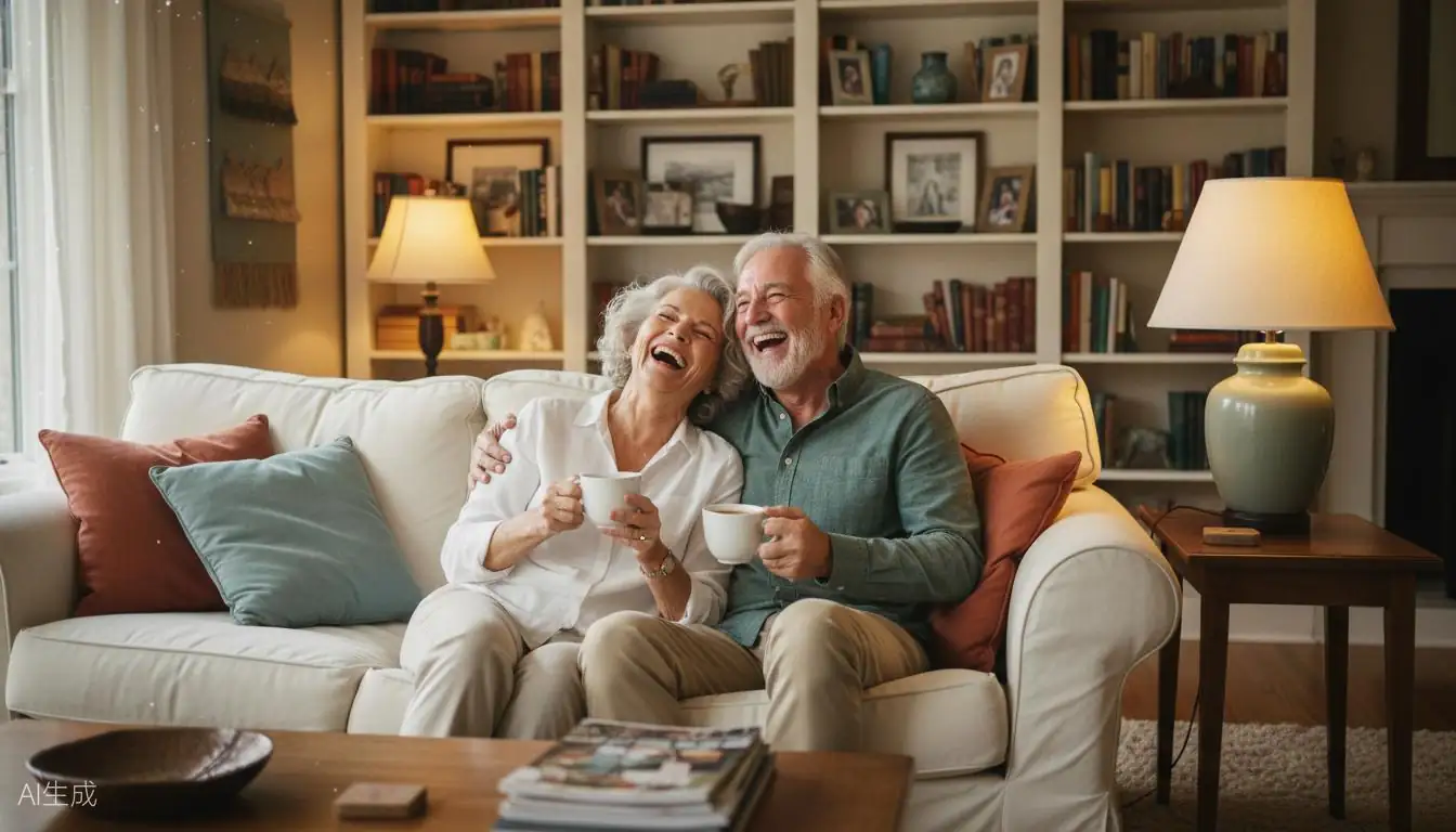 Mature couple sharing a laugh over coffee in a cozy living room