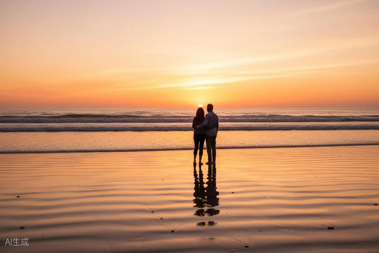 Mature couple watching a beautiful sunset from a Southern California beach