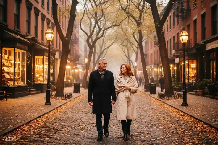 Mature couple walking along a tree-lined street in Greenwich Village, New York