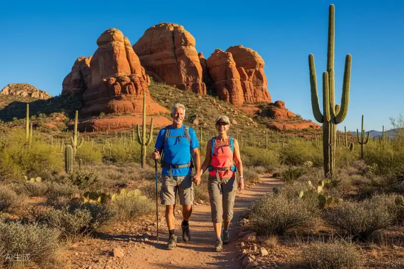 Mature couple hiking on a scenic desert trail near Phoenix with red rock formations
